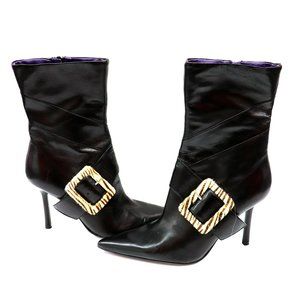 NINE WEST Black Leather Ankle Boots STATEMENT Fur Buckles 6.5M